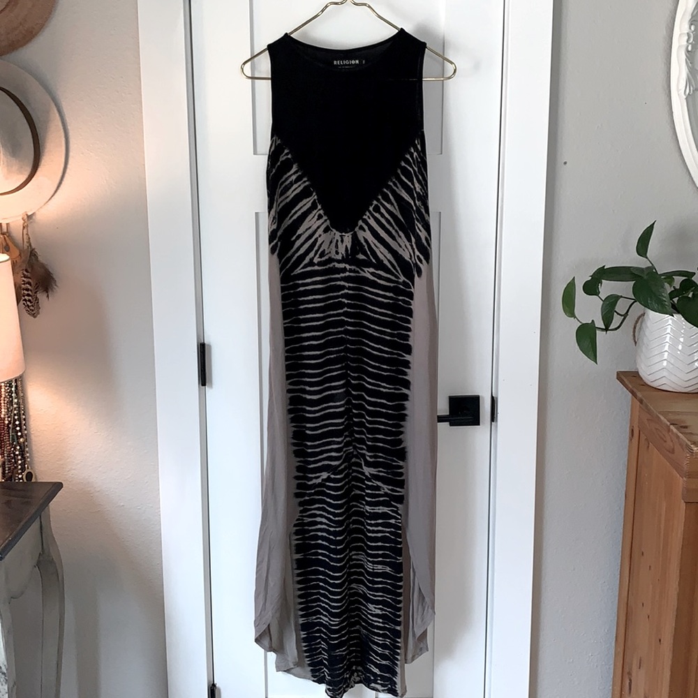 True Religion Tie Dye Maxi Dress Sleeveless Black Tan Rayon Size M